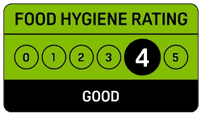 Official UK Food Hygiene Rating scheme badge showing a rating of 4 Good.